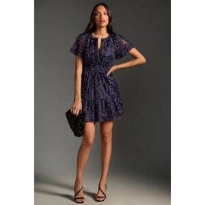 Anthropologie The Somerset Mini Dress Floral Applique Edition Navy Womens Size L
